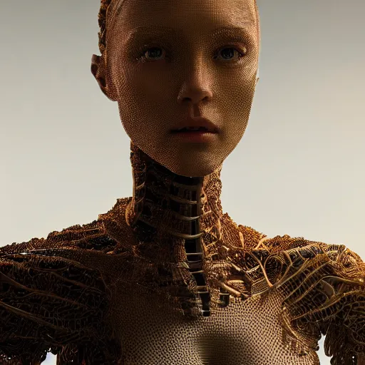 Image similar to Portrait of the most advanced female humanoid robot, intricate, headshot, sharp focus, cinematic lighting, octane render, 8k, 4k, hdr, very realistic, highly detailed, photorealistic, artistic photography, chiaroscuro, by David Cronenberg, Raphael, Carvaggio