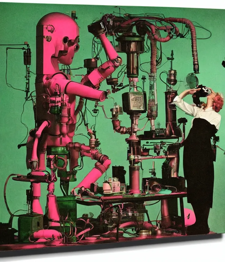 Image similar to a female mad scientist building a retro robotic!!! man!!!, in a darkly lit laboratory room, 1 9 5 0 s horror film movie poster style, ( norman rockwell oil painting ), retro science fiction, vintage, saturated pink and green lighting, shadowy lighting