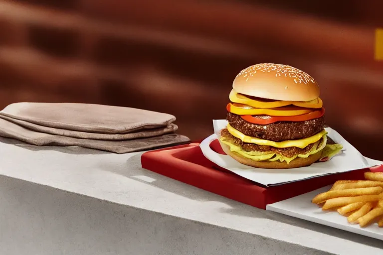 Image similar to mcdonalds hamburger burnt to a crisp, commercial photography
