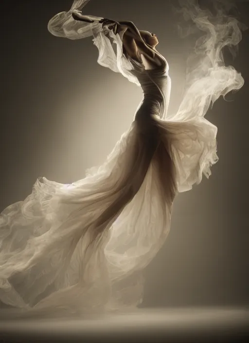 Image similar to a Photorealistic dramatic hyperrealistic render of a glamorous beautiful Female smoke dancer by Ken Brower and Deborah Ory of NYC Dance project,Lois Greenfield,Flowing cloth and smoke,Beautiful dynamic dramatic dark moody lighting,volumetric,shadows,cinematic atmosphere,Octane render,8K