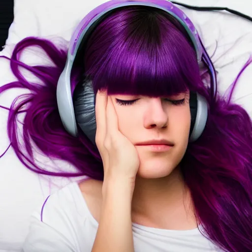 Image similar to beautiful purple - haired female sleeping at computer, wearing headphones, snoring