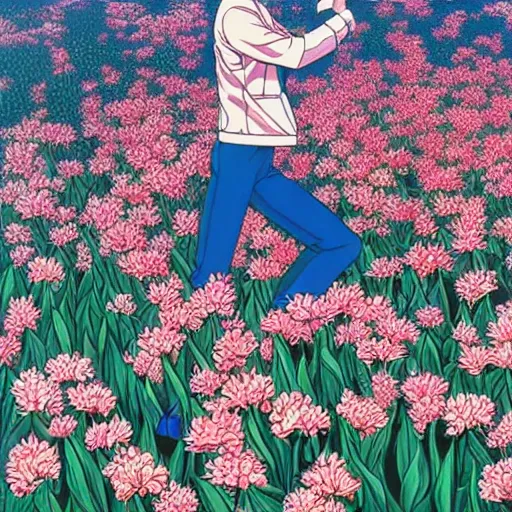 Prompt: a beautiful painting of a sleek humanoid mecha in a field of flowers by hiroshi nagai and hirohiko araki, detailed line art