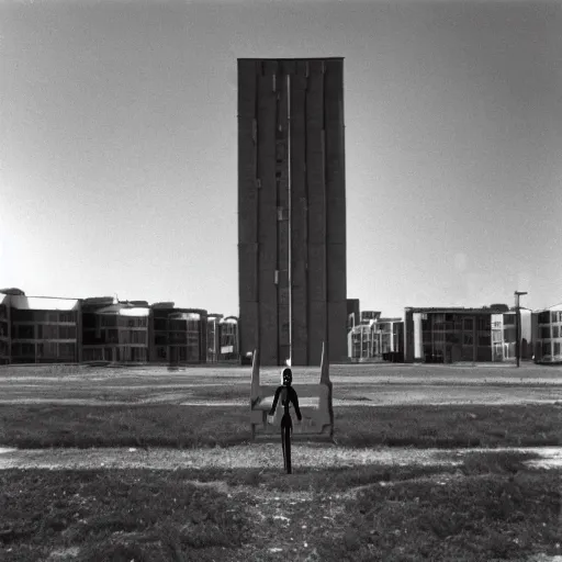 Image similar to an alien standing in front of a soviet apartment complex, eikon, 1 9 7 0, фотография