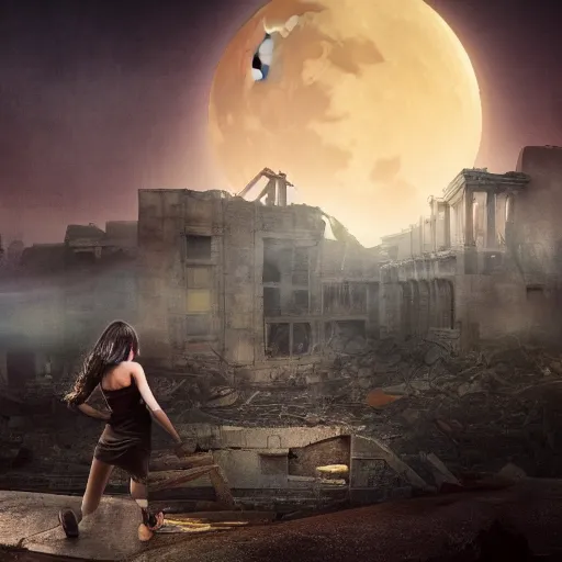 Image similar to A beautiful picture of a suicidal girl against the background of ruins of a destroyed city and a yellow -red moon, as move The Divide, extremely detailed, stunning volumetric lighting, atmosphere, hyper realism, fantasy 4k