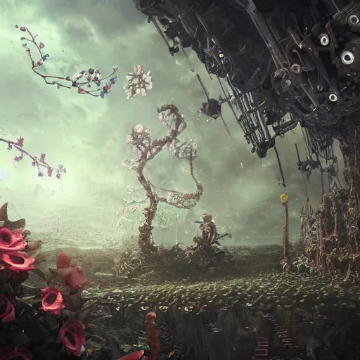 Image similar to intricate bio - mechanical flowers intertwined with human and bio - mechanical organs, intricate environment, matte painting, cinematic, epic composition, highly detailed, atmospheric, wide angle, artstation trending