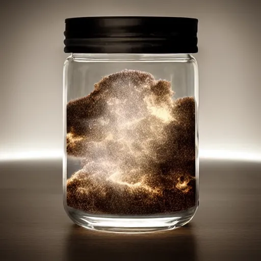 Prompt: smokey dreams in a jar, light by shaft of coruscating sunlight, Award Winning Masterpiece On 85mm by Simon Bruntnell