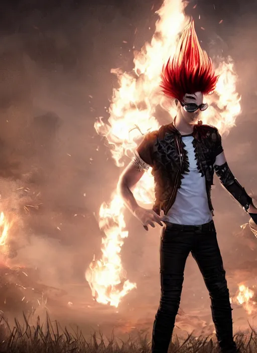 Image similar to An epic fantasy comic book style portrait painting of young man with long red spiked hair. Wearing a black waistcoat, white shirt, using googles. Rockstar. Blasting fire on his hands. Unreal 5, DAZ, hyperrealistic, octane render, cosplay, RPG portrait, dynamic lighting