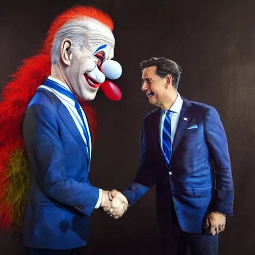 Image similar to hyperrealistic mixed media image of joe biden shaking hands with a clown, stunning 3 d render inspired art by istvan sandorfi and greg rutkowski, perfect facial symmetry, realistic, highly detailed attributes and atmosphere, dim volumetric cinematic lighting, 8 k octane extremely hyper - detailed render, post - processing, masterpiece,