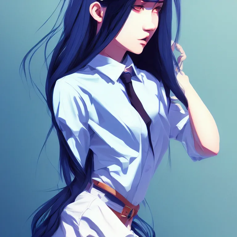 Image similar to urban high school girl in shirt fanart, dark blue long hair, muted colors, matte print, pastel colors, ornate, digital art, digital painting, fan art, elegant, artstation, by Ilya Kuvshinov