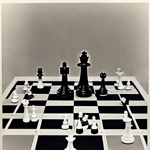 Image similar to A chessboard connected to a machine in a vast white room, Marcel Duchamp, Irving Penn, occult cyberpunk, 1919