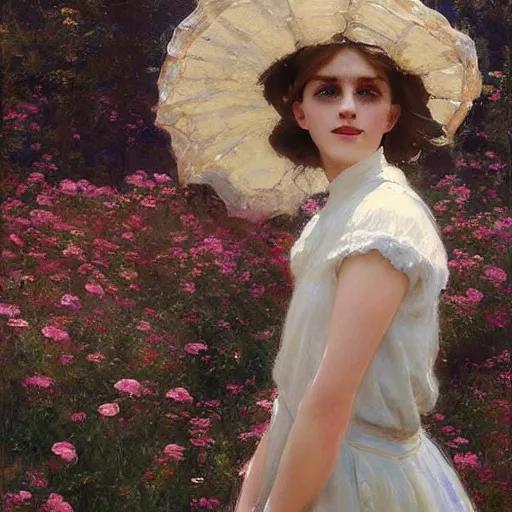 Image similar to thick paint brush strokes full body fashion model smiling squinting emma watson by Jeremy Lipking by Hasui Kawase by Richard Schmid (((smokey eyes makeup eye shadow fantasy, glow, shimmer as victorian woman in a long white frilly lace dress and a large white hat having tea in a sunroom filled with flowers, roses and lush fern flowers ,intricate, night, highly detailed, dramatic lighting))) , high quality