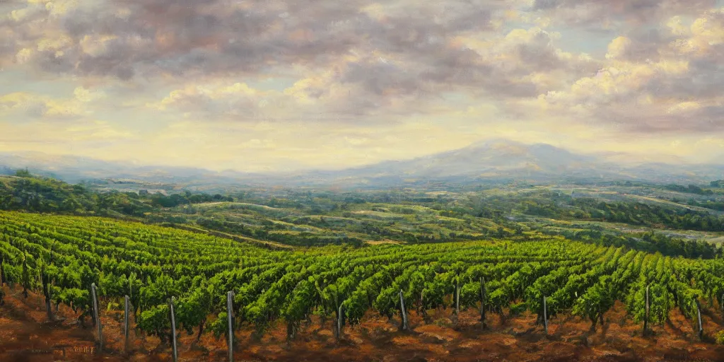 Image similar to a beautiful landscape painting of a sprawling vista with vineyards, by zohar flax, oil on canvas, highly detailed, hd, 4 k