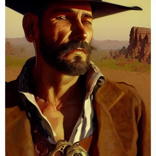 Prompt: a man, cowboy hat, portrait, wild west, fantasy, highly detailed, digital painting, artstation, concept art, sharp focus, illustration, art by N. C. Wyeth and artgerm and greg rutkowski and alphonse mucha