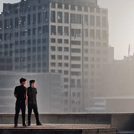 Prompt: a small rooftop with a couple of modern teenagers, standing and talking to each other, clear portrait realistic, wearing black modern clothes, modern shanghai bund is on the background, dust, sunset, by gregory crewdson, by hajime sorayama