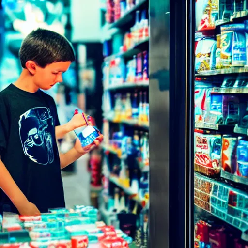 Image similar to cyberpunk young boy buying coke at the shop. 8 k, hd, portrait.