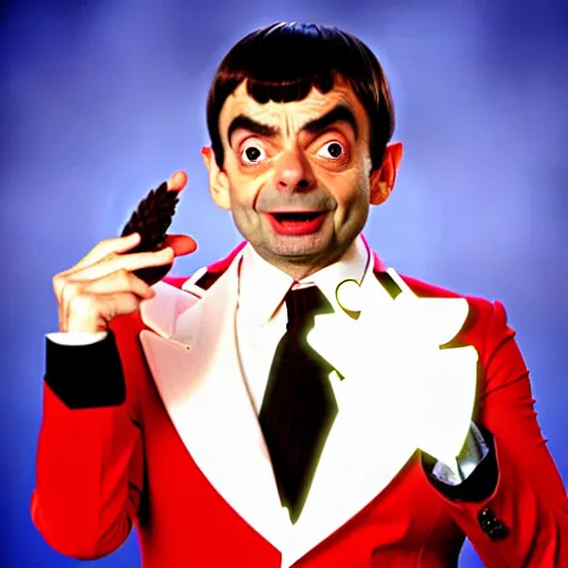 Image similar to mr. bean as austin powers. movie still. cinematic lighting.