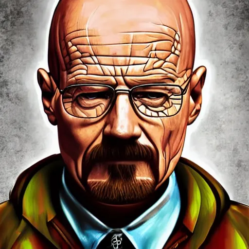 Prompt: Walter White, accurate anatomy, highly detailed, digital art, centered, portrait, blood puddle,