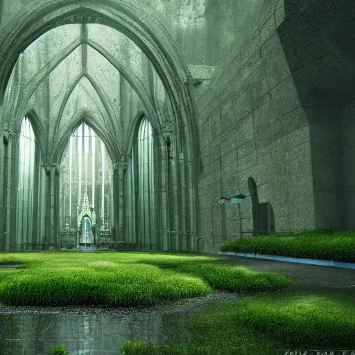 Image similar to concept art, cathedral in a rain forrest, moss, symmetry, octane, soft render, intricate, blender art, the golden ratio, mysticism, cinematic, hd wallpaper