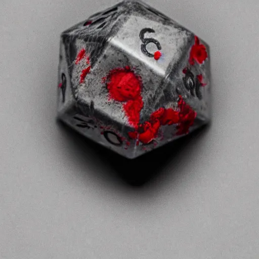 Prompt: d 2 0 covered in blood, realistic photography, high detailed