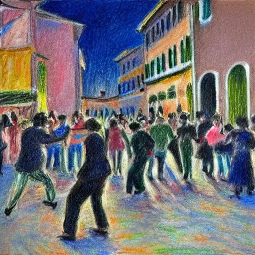 Image similar to impressionist drawing of a strobo lights party in the streets of an old south italy town, hig definition, many people dancing