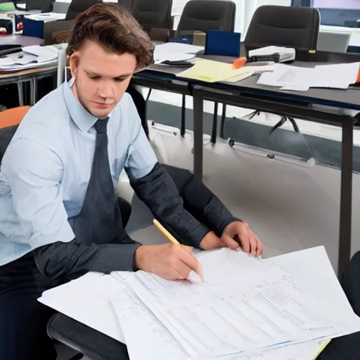 Prompt: a worker in an office completely buried in paperwork