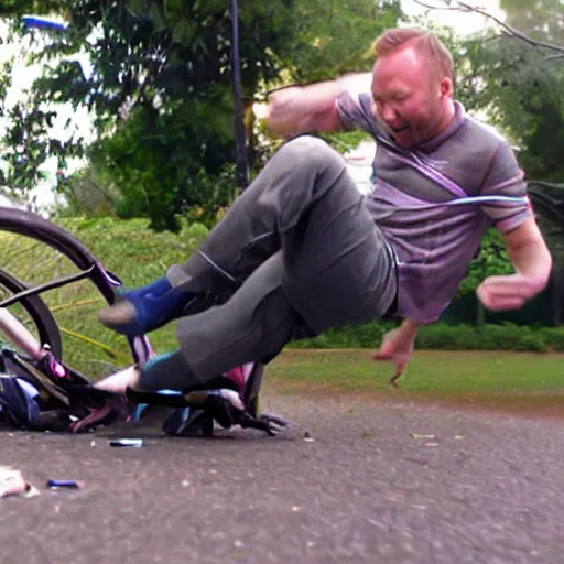 Prompt: Limmy in a bike crash falling off his bike, photorealistic