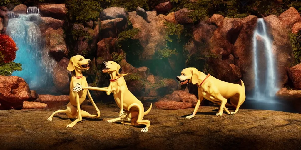 Prompt: 3d renderings of two dog Skeletons fighting in front of a waterfall, infographic for imaginary animals, golden hour, backlit by an alien planet, sharp focus, psychedelic LSD manga, hyper realistic, detailed, octane render