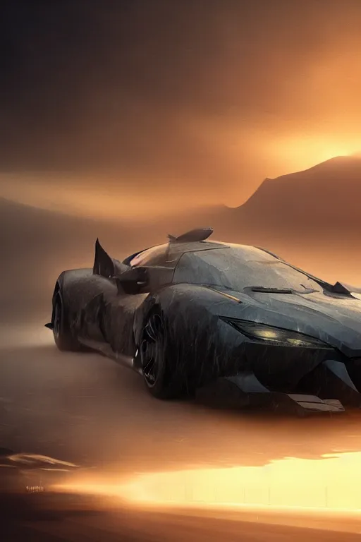 Prompt: the batmobile caught in the flow of time. octane render. 8 k. dark. atmospheric. cinematic. spectacular. sense of awe. mist. strong winds. sunrise. super slowmotion. matte painting painted by sparth and craig mullins