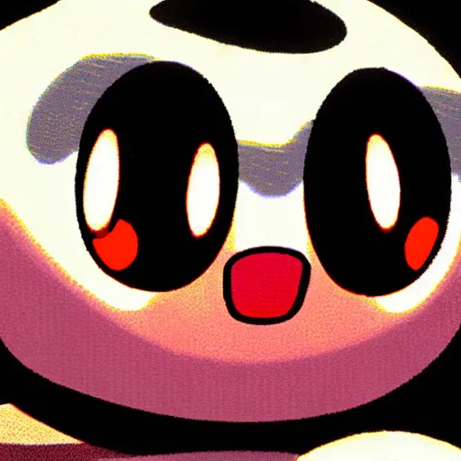 Image similar to Kirby in the deep darkness staring at you with shining red eyes, found footage