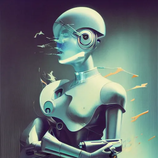 Image similar to scifi futurism automaton minimalism chrome by peter mohrbacher art Hajime Sorayama airbrush hyperrealism model abstract shatter fragments cubism futurism pastel blue soft flat minimal minimalism portrait face jackson pollock ukiyo-e lithograph mark ruthko swirl escape noise shimmer glow paint