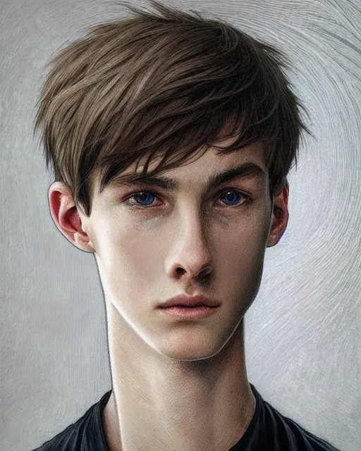 Image similar to portrait of 1 5 - year - old boy, a tall, slender boy with a pale, pointed face, sleek blond hair, and ice grey eyes, wearing black clothes, hyper realistic face, beautiful eyes, close up, fantasy art, in the style of greg rutkowski, intricate, alphonse mucha, hyper detailed, smooth