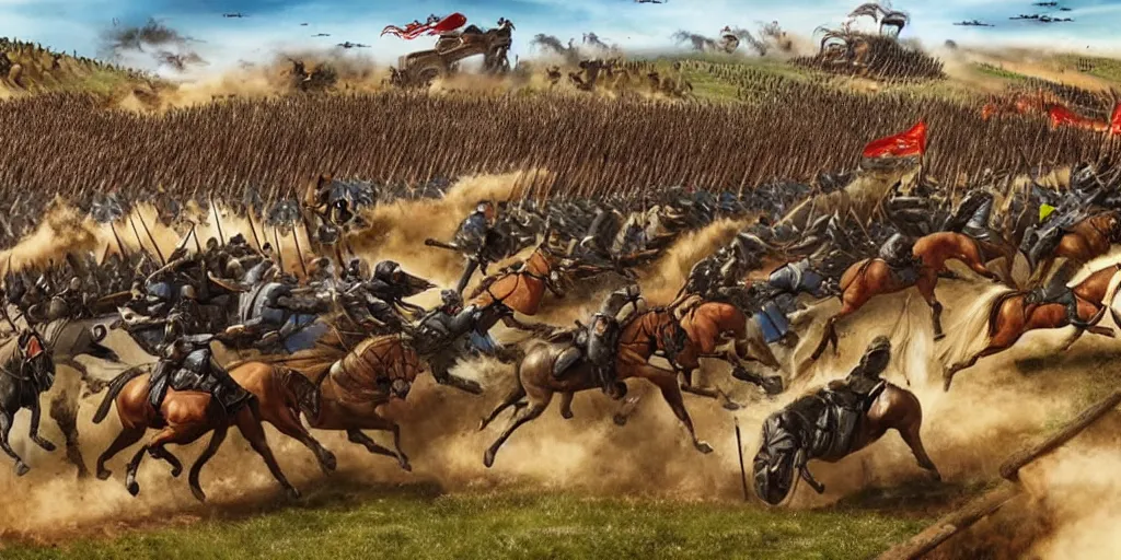 Prompt: medieval battlefield filled with cavalry fleeing from monster trucks!!!