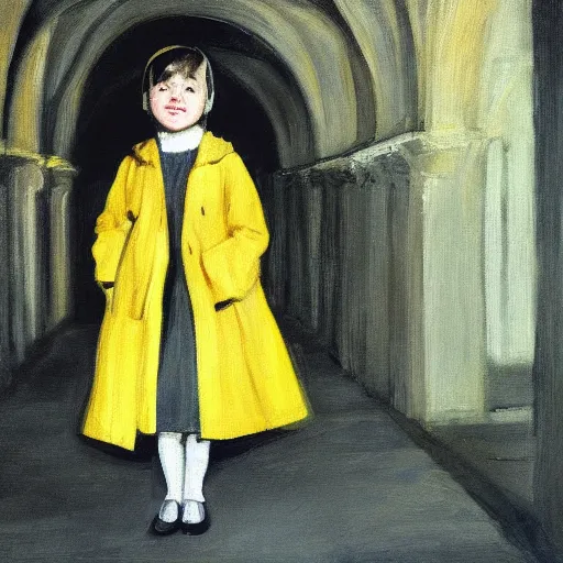 Image similar to a painting of a little girl with black hair and wearing a yellow coat in the middle of a cloister in an abbey by hopper