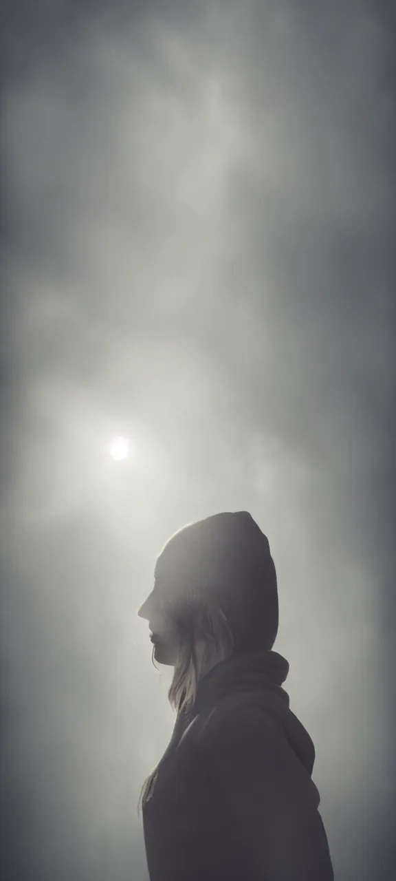 Image similar to very very beautiful mysterious profile photograph of emily skinner looking like annie leonhart in a hoodie standing next to a window god rays shining on her from the sunlight, volumetric fog, smoke, depth of field, beautiful composition, very very very beautifull face, on artstation and instagram, ray tracing