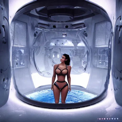 Image similar to kim kardashian inside alien water tank, attire: bikini, Polaroids, establishing action shot, ultra detailed, trending on artstation, concept art, intricate details, 8k detail, post processing, hyperealistic, octane render, led lights, full body, full shot.