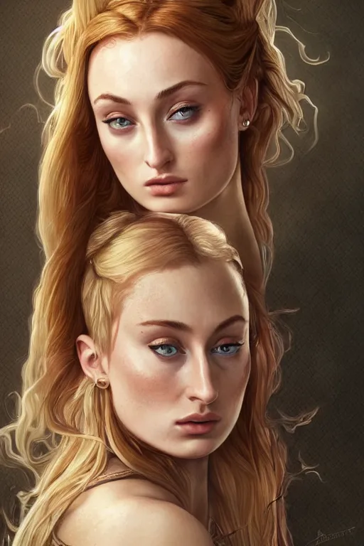 Image similar to Sophie Turner with a ponytail, anatomy, cute, fantasy, intricate, elegant, highly detailed, digital painting, 4k, HDR, concept art, smooth, sharp focus, illustration, art by artgerm and H R Giger and alphonse mucha