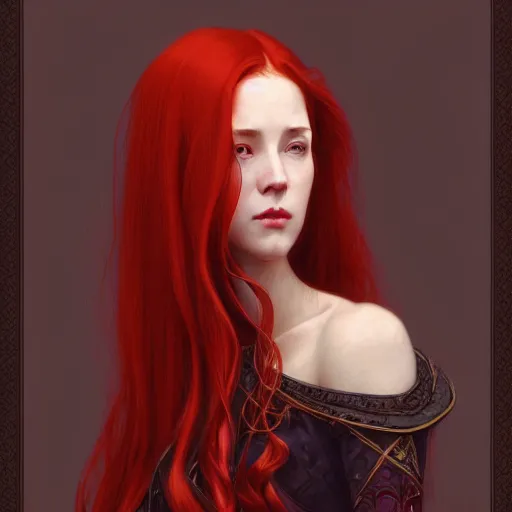 Image similar to long fancy red hair aristocrat, portrait, gentle, solemn face, cloth, female, city background, d & d, fantasy, intricate, elegant, digital painting, red green color palette, artstation, octane render, concept art, matte, sharp focus, illustration, herrarthstone, art by artgerm and greg rutkowski and alphonse mucha