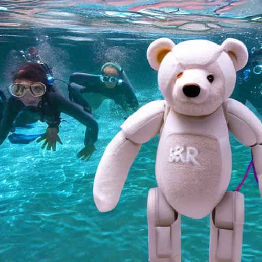 Prompt: Teddy bears working on new AI research underwater with 1990s technology