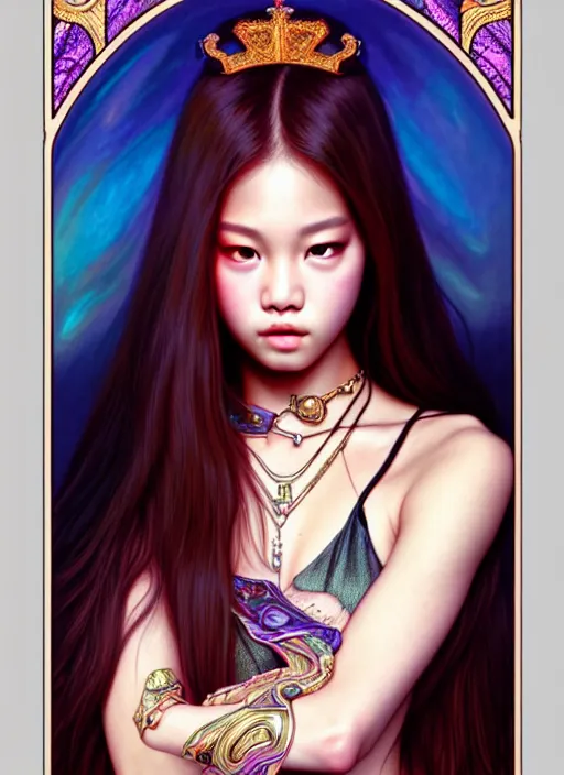 Image similar to jennie of blackpink, queen, tarot card, highly detailed, digital painting, smooth, sharp focus, illustration, ultra realistic, unreal engine, 8 k, art by artgerm and alphonse mucha