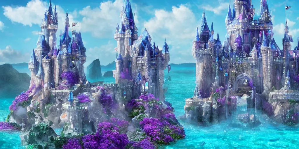 Image similar to a large fantasy castle made out of crystals standing in the middle of the sea,beautiful scenery,4k,high quality