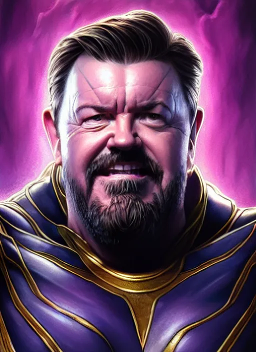 Prompt: portrait of ricky gervais as thanos, muscular! fantasy, intricate, elegant, highly detailed, digital painting, artstation, concept art, smooth, sharp focus, illustration, art by artgerm and greg rutkowski and alphonse mucha