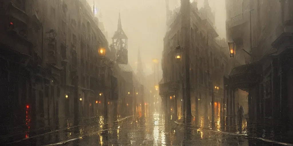 Image similar to an oil painting of a downpour in the middle of the street of a medieval city, moody lighting, fog, dark fantasy, by greg rutkowski, trending on artstation