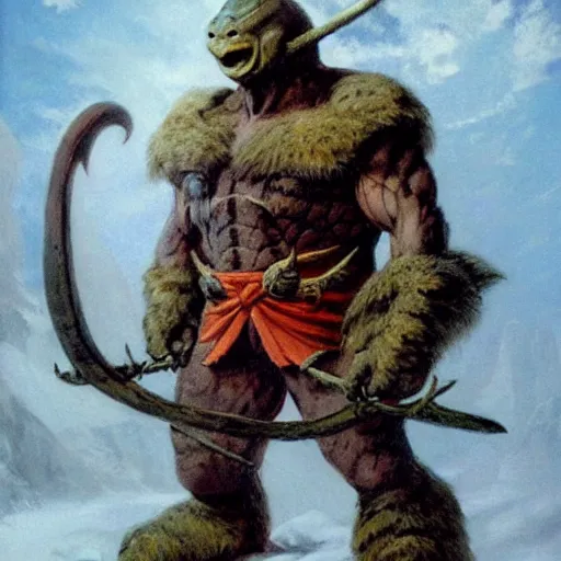 Image similar to anthropomorphic turtle barbarian humanoid by frank frazetta, carapace, blizzard, winter, night, furs, fantasy