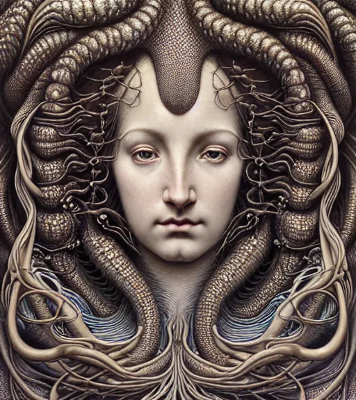Image similar to detailed realistic beautiful drake goddess face portrait by jean delville, gustave dore, iris van herpen and marco mazzoni, art forms of nature by ernst haeckel, art nouveau, symbolist, visionary, gothic, neo - gothic, pre - raphaelite, fractal lace, intricate alien botanicals, ai biodiversity, surreality, hyperdetailed ultrasharp octane render
