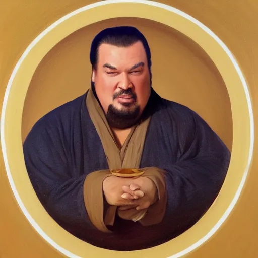 Prompt: Painting of obese Steven Seagal as Obi-Wan Kenobi. Art by william adolphe bouguereau. During golden hour. Extremely detailed. Beautiful. 4K. Award winning.