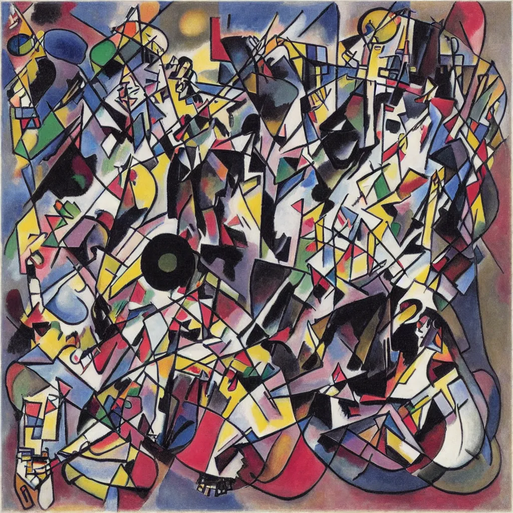 Prompt: i, a man wearing airpods pro and playing his iphone, by wassily kandinsky