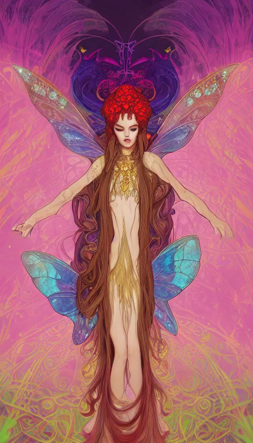 Prompt: a colorful and provenance and stunningly beautiful female faerie priestess in amanita muscaria forest landscape, symmetrical wings on back, neon hair, fantasy art, wearing a dress of gossamer gold, dark light night, sharp focus, digital painting, 4 k, concept art, art by charlie bowater and alphonse mucha, brom, face by otto schmidt