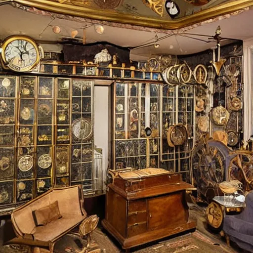 Prompt: a hyper realistic room made entirely out of antique clocks