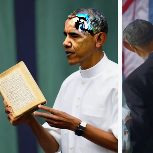 Image similar to barack obama in a priest's vestaments with a copy of the bible in hand