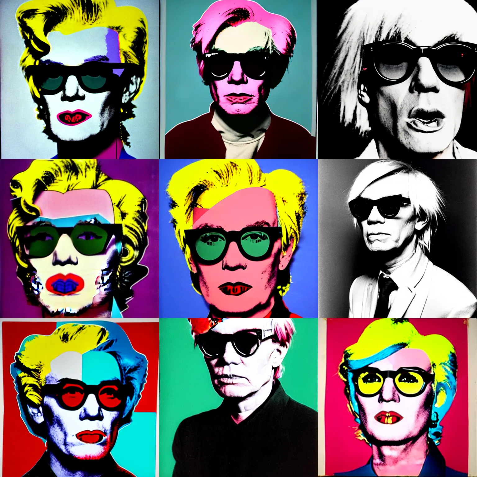 Prompt: colour portrait of absolutely angry andy warhol aged 40 looking sternly straight into the camera and wearing designer sun glasses, in the style of andy warhol